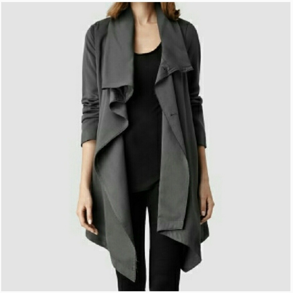 AllSaints Aiko Monument Jacket Womens US 6 Grey Drape Front Asymmetric Silk Look